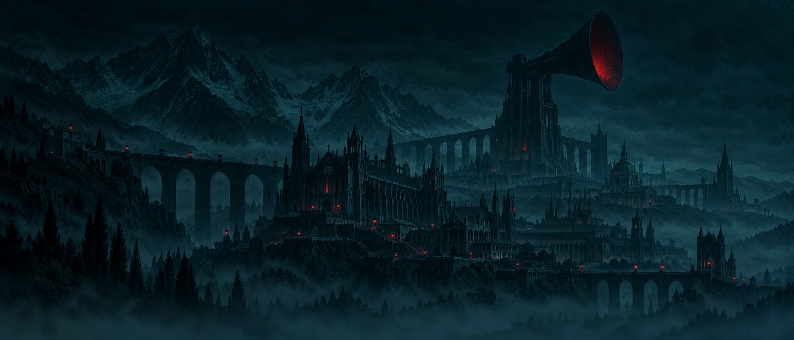 Concept: a dark city under a giant horn on a mountain ridge