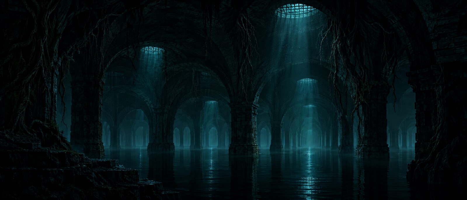 Concept: a flooded underground cistern lit by shafts of cyan light