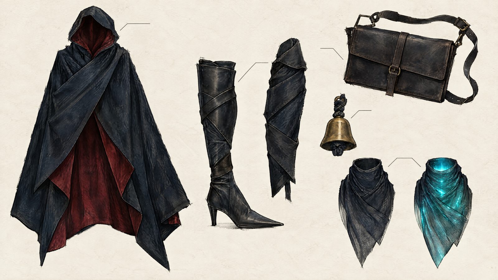 Costume breakdown: cloak, boots, satchel, bell and two scarves