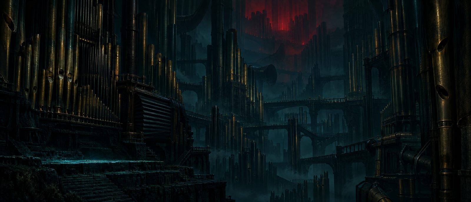 Concept: a canyon city made of brass organ pipes with a red glow