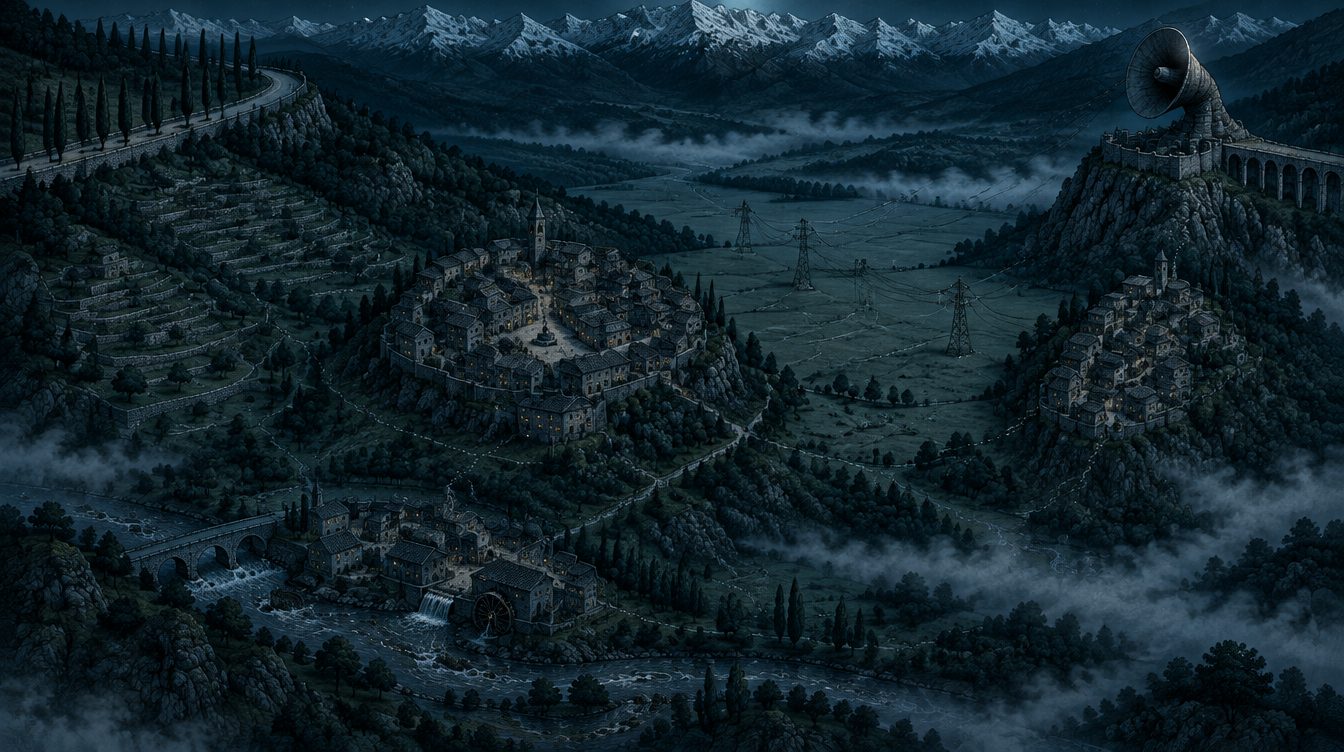 Concept: an overhead map of a mountain valley with villages and a horn tower