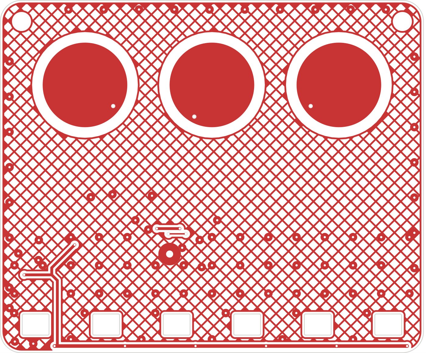 Crown PCB top copper layer: three touch pads and an LED row