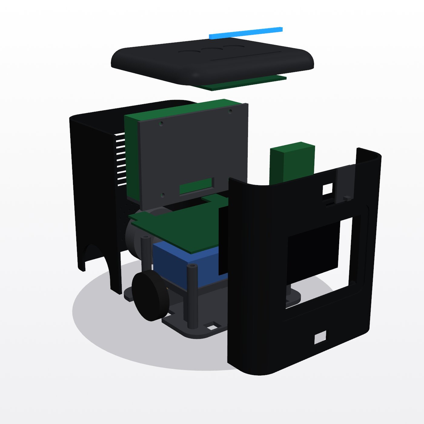 Exploded render of Rocky showing shells, PCBs, battery and Pi