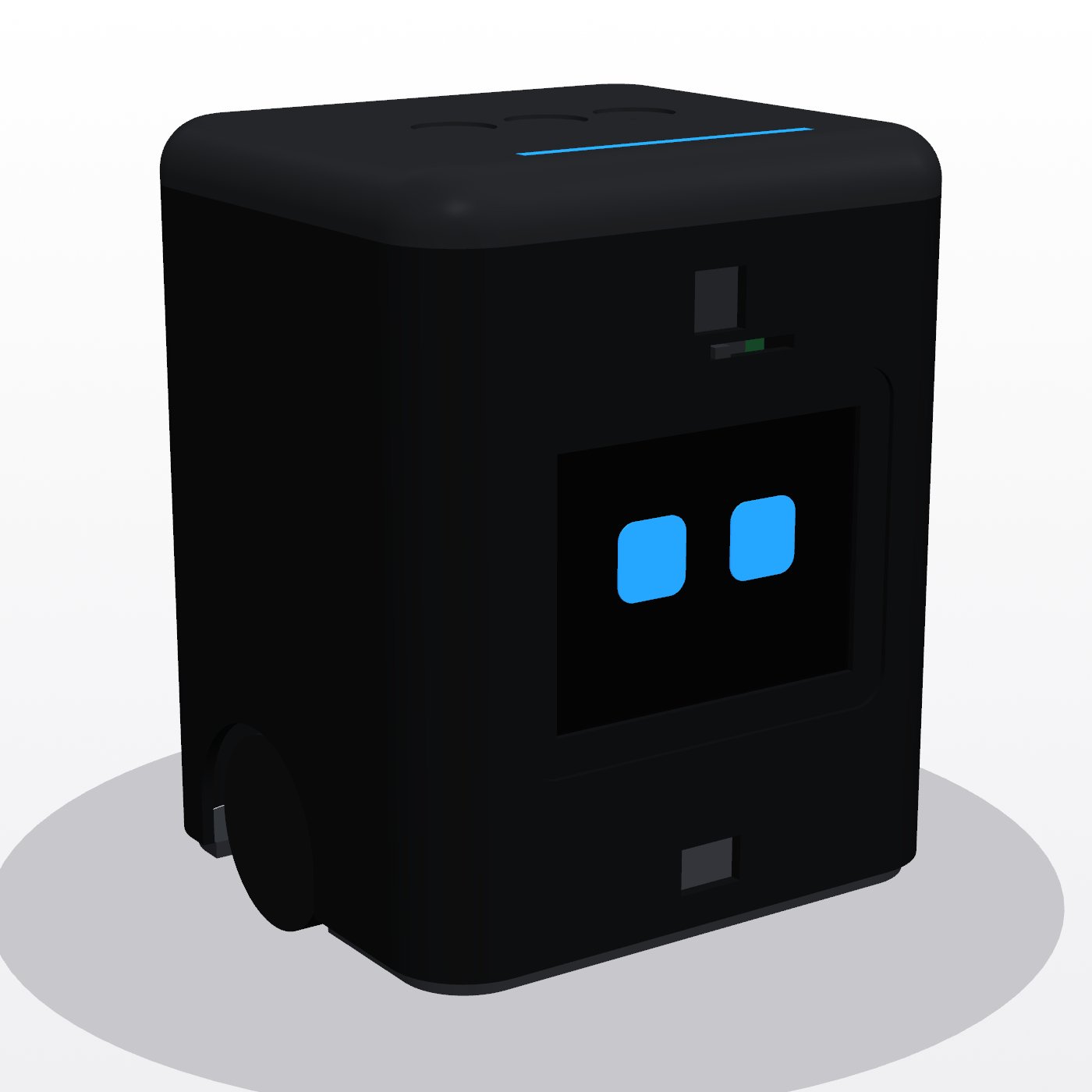 Render of Rocky from the front: a dark rounded box with blue square eyes on a screen